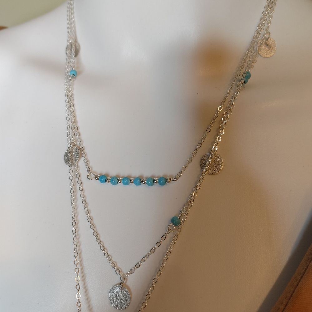 Boho Feather Layered Necklace With Simulated Turquoise Beads - Picture 4 of 7